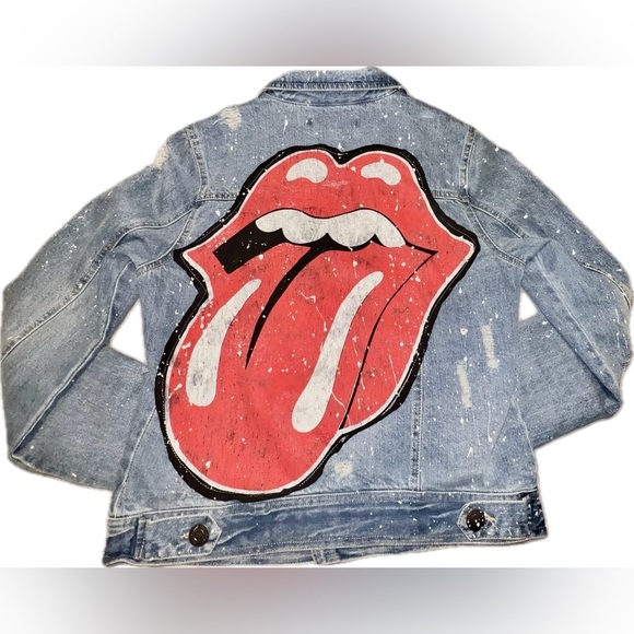 Small Sojara Distressed Blue Denim Jacket Paint Splatter & Pins on Front ✨ 👅🌟 - Picture 3 of 5